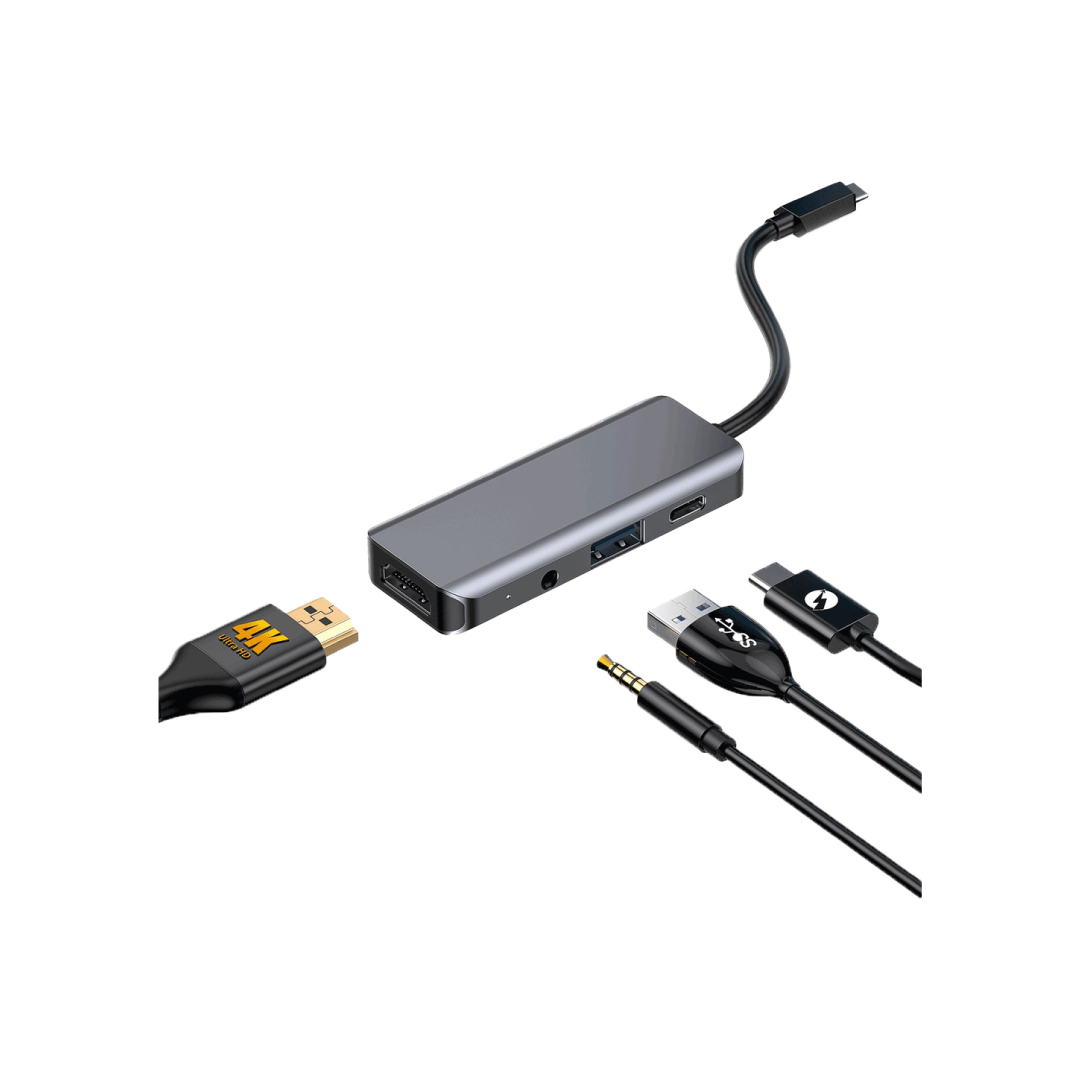 Porodo 4in1 USB-C Hub PD-41CHB-GY – 4K HDMI / 100W PD / USB 3.0 / 3.5mm Audio / Aluminum Body 1